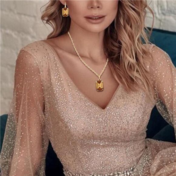 Gold-Tone Jewelry Set with Topaz Crystal- Gemstone Pendant, Ring & Earrings - Picture 2 of 6